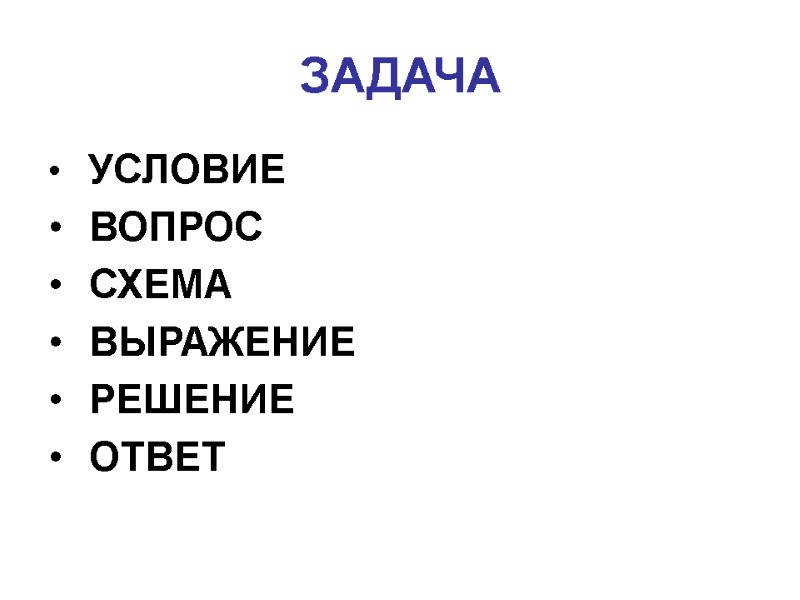 ЗАДАЧА  УСЛОВИЕ  ВОПРОС  СХЕМА  ВЫРАЖЕНИЕ  РЕШЕНИЕ  ОТВЕТ